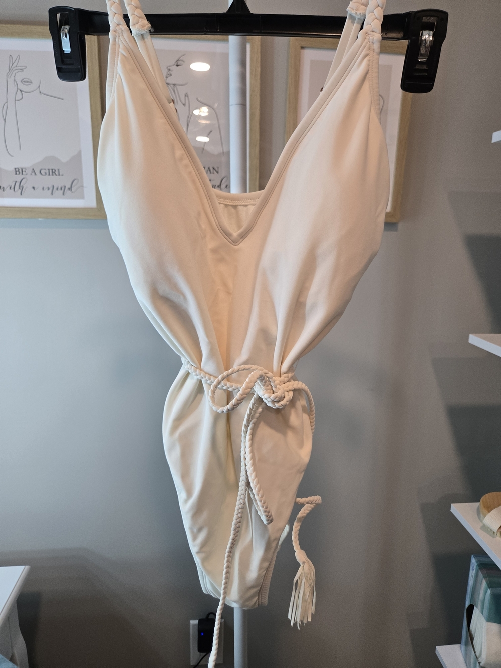 ⛱️👙☀️ NWT Cream V-Neck One-Piece Swimsuit with Braided Rope Tie